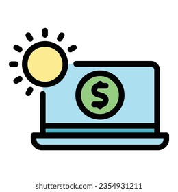 Freelancer laptop icon outline vector. Earn wallet. Happy bank color flat