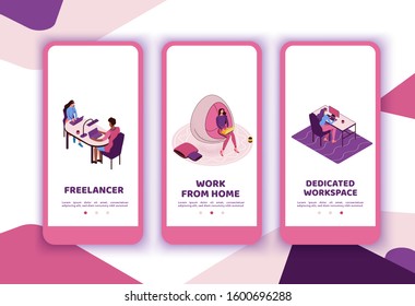 Freelancer with laptop at office workplace, creative people in co working space, isometric modern interior design, graphic vector illustration, mobile app templates set in violet and pink colors