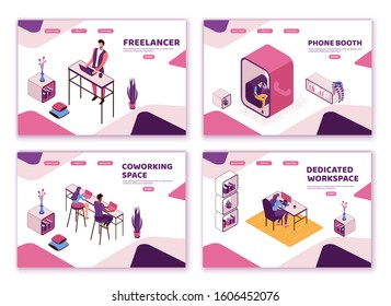 Freelancer with laptop at office workplace, creative people in co working space, isometric modern interior design, graphic vector illustration, landing page templates set in violet and pink colors
