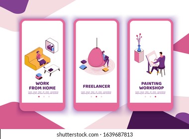 Freelancer with laptop at office workplace, creative people in coworking space, isometric modern interior design, graphic vector illustration, mobile app templates set in violet and pink colors