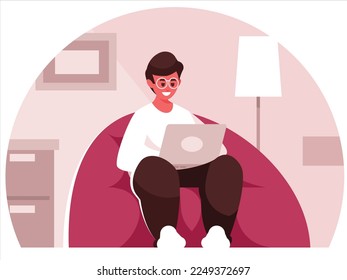 Freelancer with laptop on bag chair. Programmer or businessman sitting on the couch working on a laptop. Vector graphics