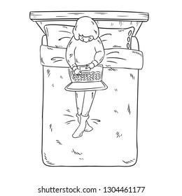 Freelancer with laptop on the bed. Comic style image for coloring. Top view.