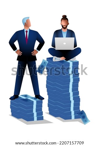 Freelancer with laptop sitting on higher stack of money than formal businessman, income gap between men, vector illustration