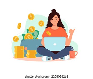 Freelancer at the laptop, from which gold coins are pouring into a wallet with dollars. Rich woman works at home. Girl and big income, earn money online.  Vector illustration flat, isolated background