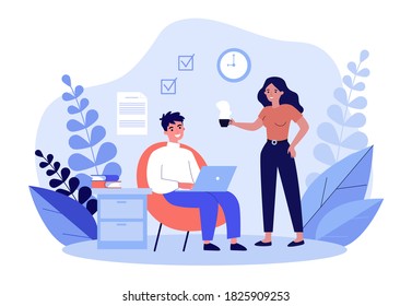 Freelancer with laptop working at home. Woman giving cup of hot drink to man flat vector illustration. Freelance, couple, relationship concept for banner, website design or landing web page