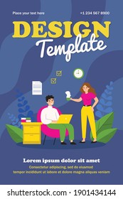 Freelancer with laptop working at home. Woman giving cup of hot drink to man flat vector illustration. Freelance, couple, relationship concept for banner, website design or landing web page