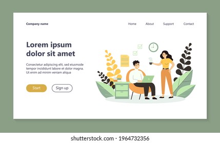 Freelancer with laptop working at home. Woman giving cup of hot drink to man flat vector illustration. Freelance, couple, relationship concept for banner, website design or landing web page