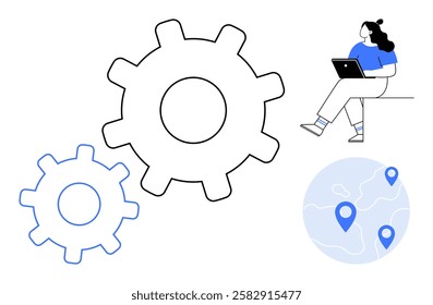 Freelancer with laptop working near large gears and map with location pins. Ideal for teamwork, collaboration, project management, technology, remote work, logistics, innovation. Line metaphor