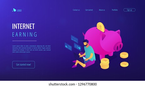 Freelancer with laptop working remotely online and piggy bank with golden coins. Online jobs, remote workplace jobs, internet earning concept. Isometric 3D website app landing web page template
