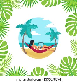 Freelancer laying in hammock vector. Woman holding laptop working by seaside, palm trees with leaves, foliage of monstera. Online wireless connection