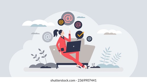 Freelancer life and distant work lifestyle for freedom tiny person concept. Modern style for professional online job with working from home vector illustration. Use internet to answer email messages.