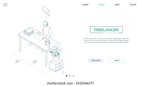 Freelancer - line design style isometric web banner on white background with copy space for text. A header with a male worker in headset working at the desk, drinking tea, speaking with a customer