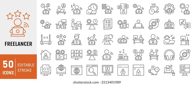 Colección de icono de línea de Freelancer. Contiene trabajadores autónomos, trabajo independiente, profesional, Sitio web, trabajador, icono de habilidades. Ilustración vectorial de línea simple.