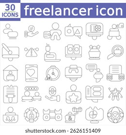  planilha de conjunto de ícones de linha do freelancer
