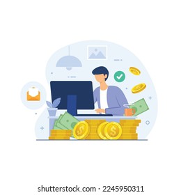 Freelancer make money and income. Online income from freelance work. Passive income, internet salary and earning money concept vector illustration