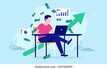 Freelancer Making Money - Man With Laptop Computer Working Alone With Green Rising Arrow And Paper Money Flying Around. Flat Design Vector Illustration