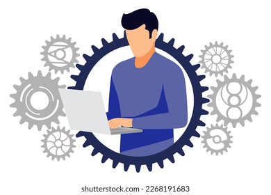 Carácter masculino independiente que trabaja con la laptop pc en avatar de marcha con sistema de marcha aislado en fondo blanco
