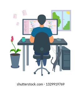 Freelancer male programmer coding program. Home office lifestyle. Cozy home environment: teacup, coffee, cat, pot flower, window. Vector cartoon flat style illustration isolated on white background.