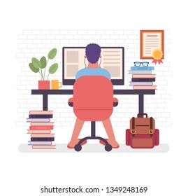 Freelancer man character seating in armchair and working at home. Freelance work concept. Vector flat cartoon graphic design illustration