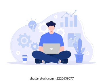 Freelancer man with computer at home. sitting young man and using laptop. distance work, online learning. manager at a remote job. Modern vector flat illustration