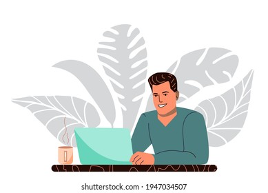 Freelancer, man at the computer,  laptop, webinar, videoconference. online conference, courses, communication, social distancing, distance education.  Work at home concept design. vector illustration