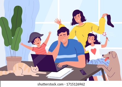 Freelancer Man Is Distracted From Work On A Laptop At Home. Children, Pets, And A Wife Stop Dad From Working. Noisy Family At Home In Quarantine. People Work From Home.