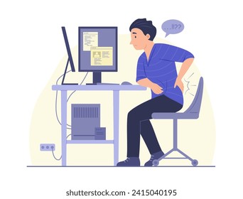 Freelancer Man Feeling Back Pain on Waist Area While Online Working with Computer