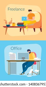 Freelancer Man at Home with Notebook. Male Worker at Office Table Vector Illustration. Freelance and Office Job Banner Set. Comfort Remote Internet Work, Stressed Employee Paperwork, Depressed Person