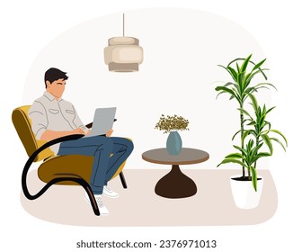 Freelancer man with laptop in comfortable room.