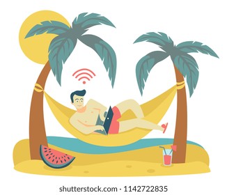  freelancer man with a laptop resting in a hammock on a beach. flat style vector illustration