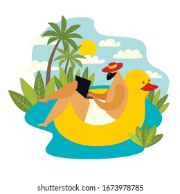 
Freelancer man with laptop working on pool vector illustration. Digital nomad characters, yellow rubber duck and tropical workplace. Work on travel lifestyle concept. Isolated on white background 