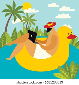 Freelancer man with laptop working on pool vector illustration. Digital nomad characters, yellow rubber duck and tropical workplace. Work on travel lifestyle. Cartoon style drawing square illustration