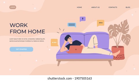 Freelancer man lies on sofa and working with laptop in relaxed, comfortable apartment. Remote job or study workplace, landing page and quarantine concept. Flat cartoon illustration in violet colors