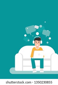 Freelancer man on sofa with computer, headphones and speech bubbles. flat vector illustration on turquoise background. outsourcer with laptop. chatting, home workplace, job online, internet.