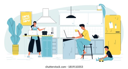 Freelancer man parent working on laptop online. Woman engaged in cooking housekeeping. Child playing on floor. Daily life routine in quarantine. Busy family, sweet home, remote work concept