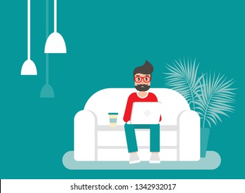 freelancer man with red glasses on sofa with laptop. creative hipster work at home. flat vector illustration turquoise background. outsourcer with computer. free workplace, online job