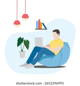 Freelancer, homem sentado em saco de feijão trabalhando em casa, trabalho remoto. Ilustração vetorial para banner da web, infográficos, cartaz, móvel