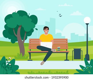 Freelancer man sitting on a bench with a laptop in the park. Spring or summer city landscape. Vector illustration in flat style