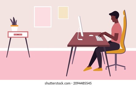 Freelancer man. Vector illustration with copy space. Young man is working on computer sitting at desk