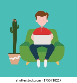 Freiberufler arbeiten zu Hause online auf einer Sofa-Illustration. Der Mensch sitzt mit dem Laptop auf dem Sofa. Junge oder Student, der studiert und sich auf die Prüfung vorbereitet. Flacher Cartoon, Vektorgrafik.