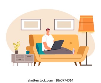 Freelancer man worker character stay home and working by laptop computer.Pandemic quarantine isolation concept vector flat cartoon graphic design illustration