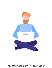Freelancer man working with help of laptop screen vector. Male with computer typing information, completing working task, worker using freelance technology