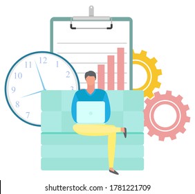 Hombre independiente trabajando en casa con un portátil en el sofá. El tipo sentado en el sofá. Independencia y libertad. Gestión del tiempo e ilustración del vector de programación