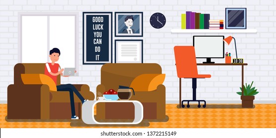 Freelancer man working in home office. Vector illustration modern workspace business concept. Workplace, Flat cartoon style.