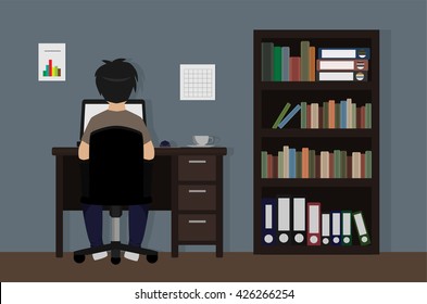 hombre independiente trabajando en la oficina doméstica, estilo caricatura, vector interior