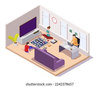 Freelancer man working at home vector illustration. Mother playing with kid son while father doing remote job. Happy family spending time in flat apartment