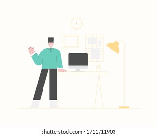 A freelancer man working at home. Work from home concept. Smart working online. Home office workplace.