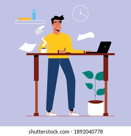 A freelancer man working at laptop on the table with height adjustment. Concept of remote work from home. Flat design Illustration. Vector.