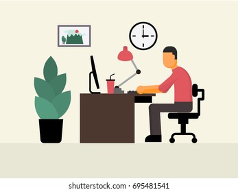 Freelancer man working at office desk. Home workplace. Flat style vector illustration.