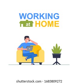 Hombre independiente trabajando en su tableta.Trabajar en casa. Estilo plano